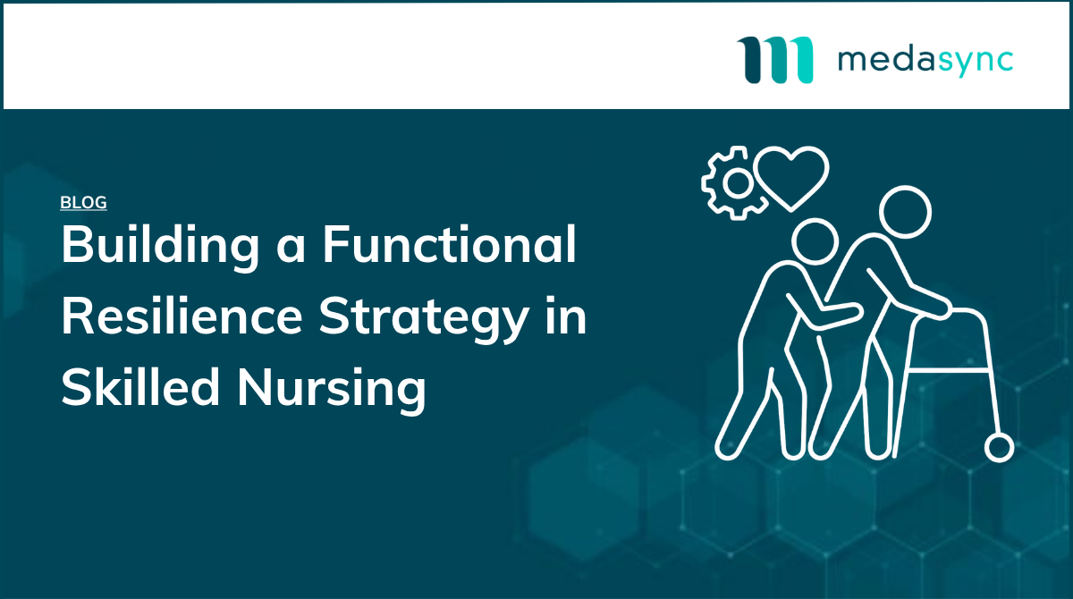 White outline illustration of a nurse assisting an elderly resident with walking therapy, representing functional resilience and quality outcomes in skilled nursing.
