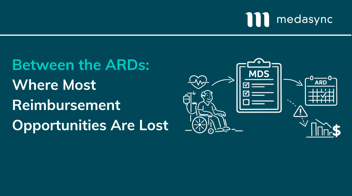 White outline illustration showing a skilled nursing resident, MDS assessment, ARD calendar, and reimbursement impact between assessments